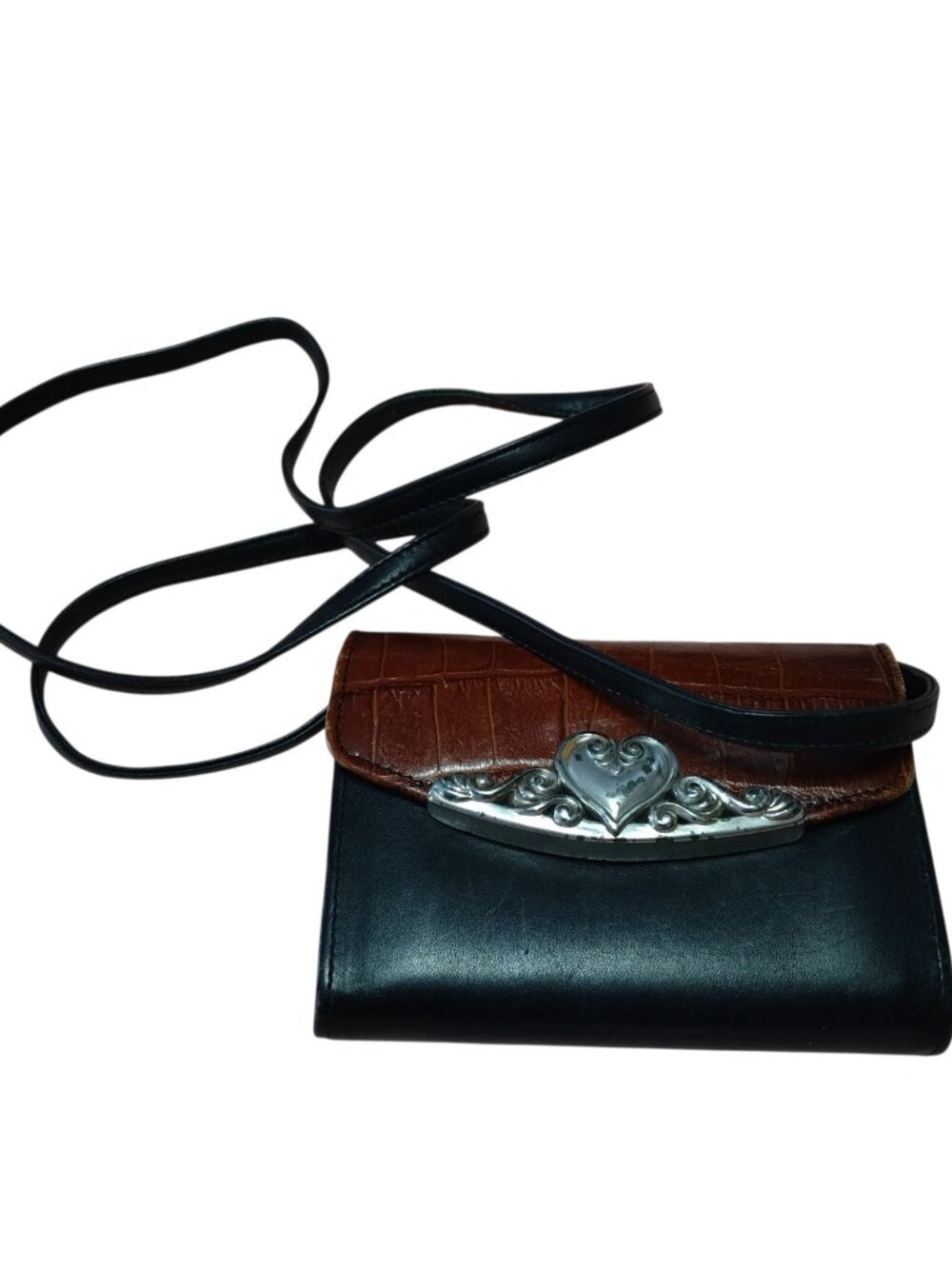 Brighton Black/Brown Croc Embossed Wallet/Crossbody Leather Organizer Vintage